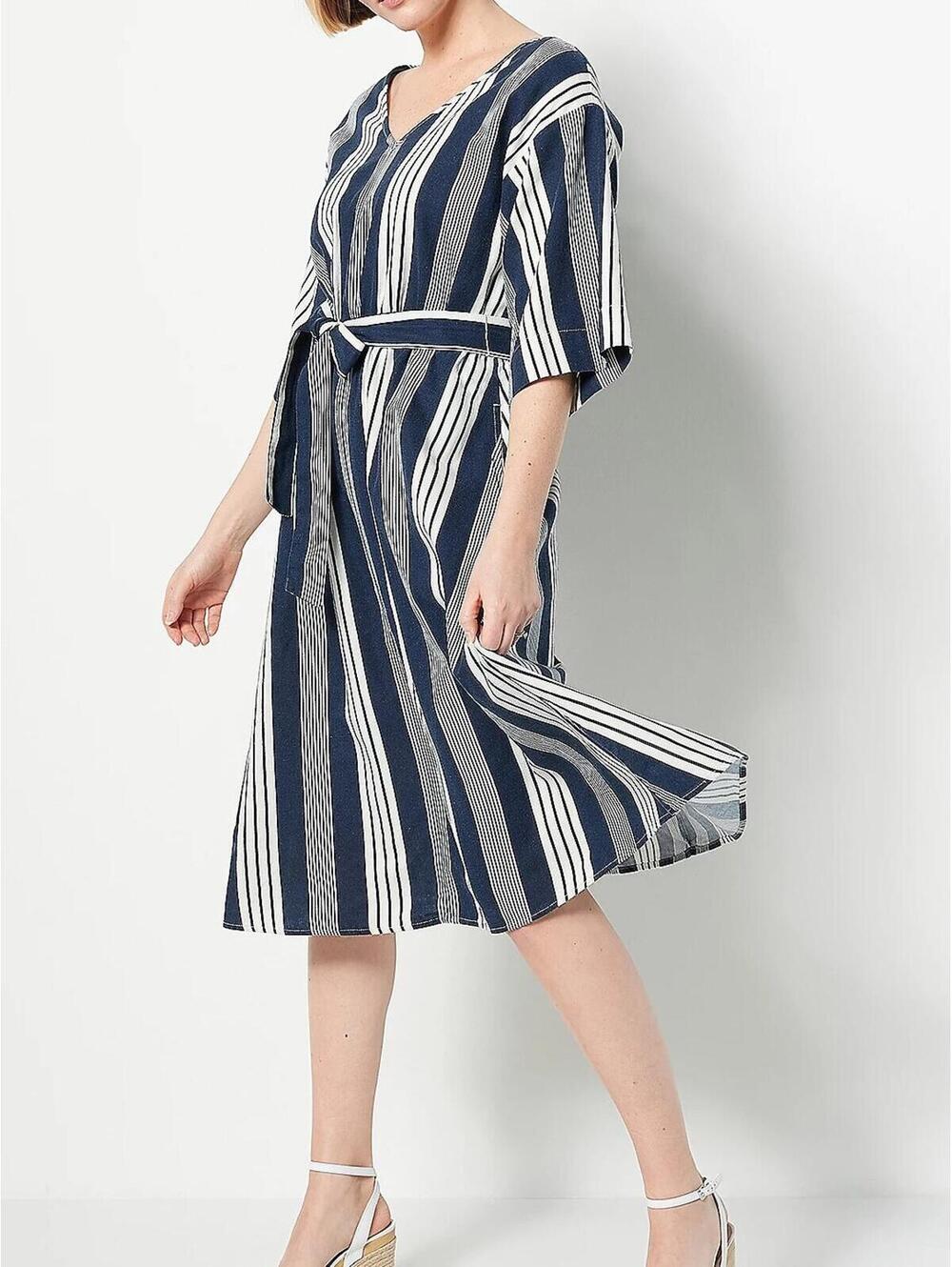 2448 Girl With Curves Linen Blend Regular Midi Dress NAVY Stripe sz L